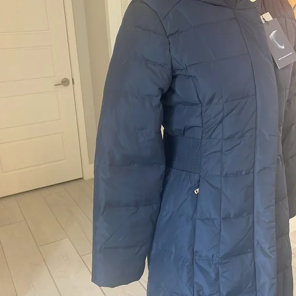 Cole Haan Signature Navy Long Down Puffer Coat Hooded Size XS NWT - Picture 7 of 11